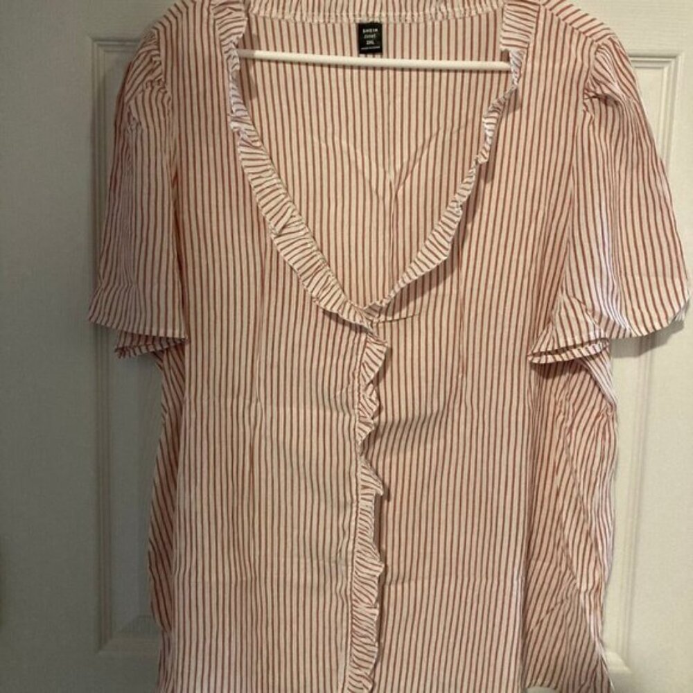 Stripped Pull Over Blouse with Ruffle Accent